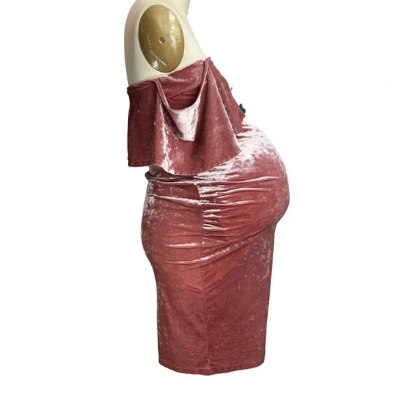 Custom Maternity Elegant Pink Velvet Velour Off-Shoulder Midi Dress Shower - Picture 4 of 10
